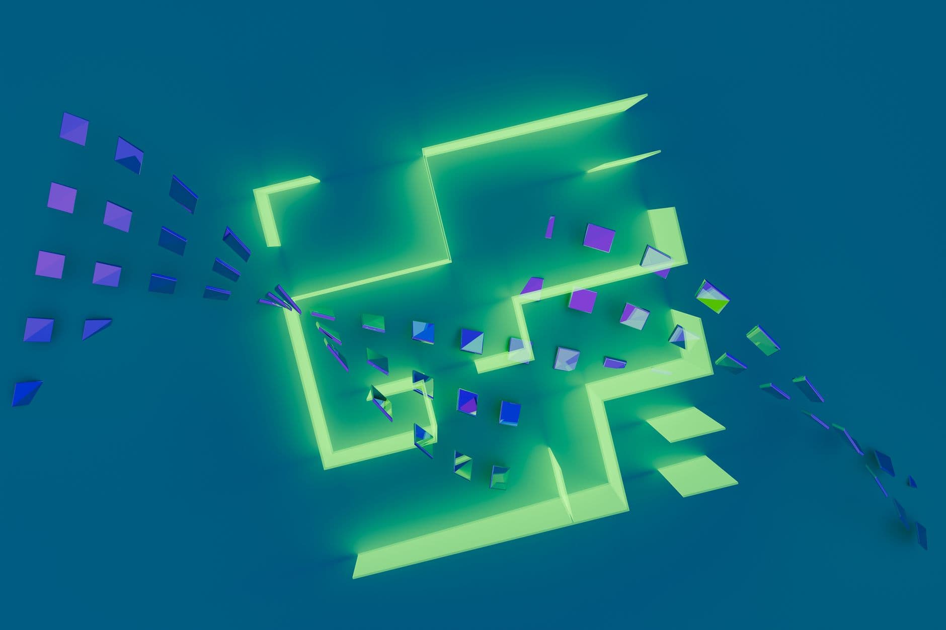 A vibrant 3D abstract design with glowing neon geometric shapes on a blue background.